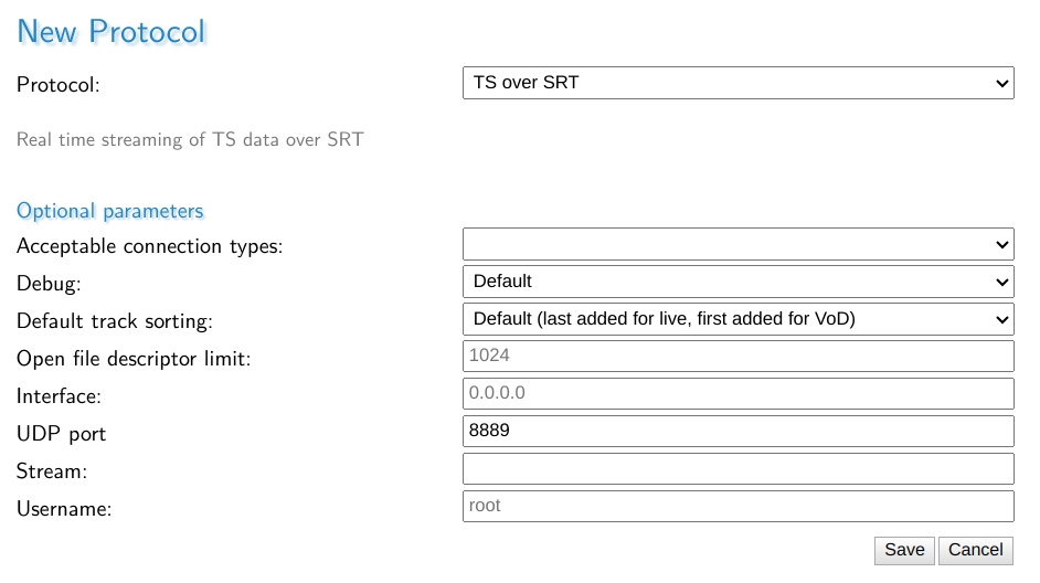 Interface example of setting up Haivison SRT as a protocol